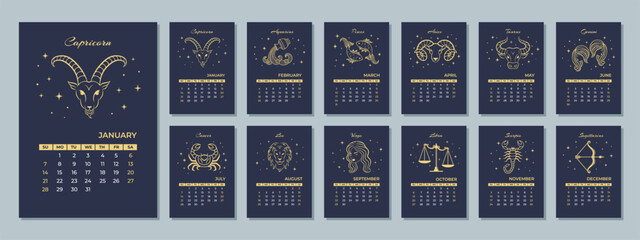 2024 monthly Zodiac calendar with the astrological sign. The week starts Sunday. 12 months of the year.