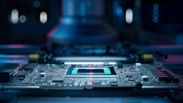 Close-up of Printed Circuit Board Lit by Bright Light, inside Component Installation Machine. Fully Automated PCB Assembly Line. Electronics Factory. Electronic Devices Production Industry. POV. 