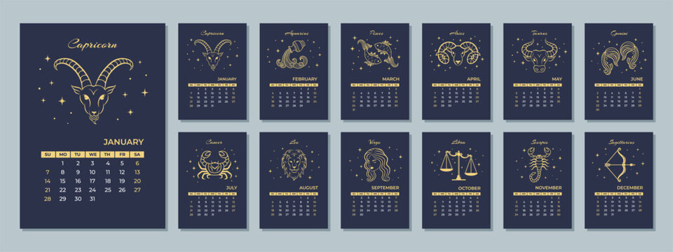 2024 monthly Zodiac calendar with the astrological sign. The week starts Sunday. 12 months of the year.