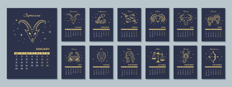 2024 monthly Zodiac calendar with the astrological sign. The week starts Monday. 12 months of the year.
