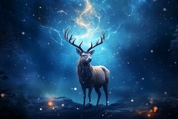 a stag in a starry sky, with lightning coming out of the horns