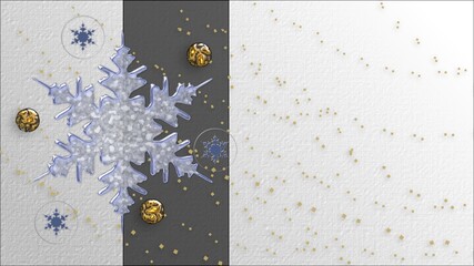 Abstract panoramic illustration of snowflakes and embellishments, on a gray and white background with scattered gold confetti