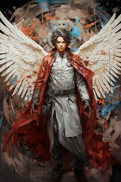 A painting of a male angel with wings. Generative AI.