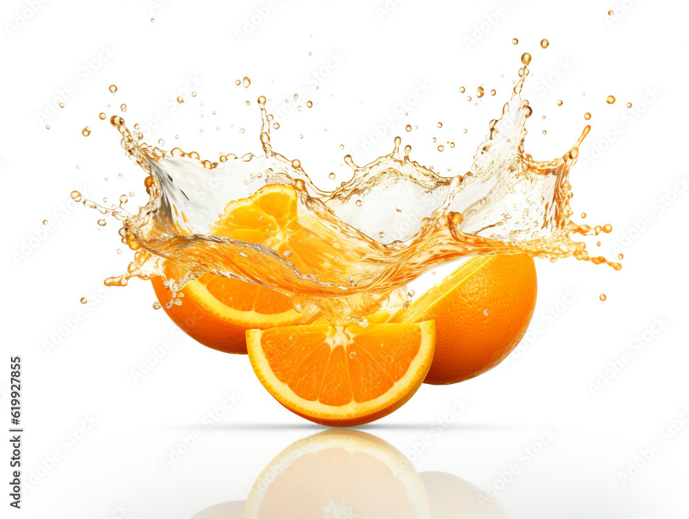 Poster oranges and orange slices falling into the air with a splash of orange juice. generative ai.