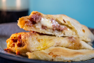 Bread stuffed with jam and cheese. High calorie homemade food.