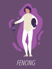 Poster or vertical banner with standing woman fencer flat style