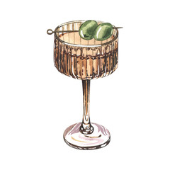 Watercolor cocktail martini with an olive in glass. Hand-drawn illustration isolated on white background. Perfect for recipe alcoholic lists with drinks, brochures for cafe, bar