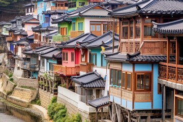 Obraz premium Vibrant Hillside Village: Colorful Traditional Korean Houses on Riverbank