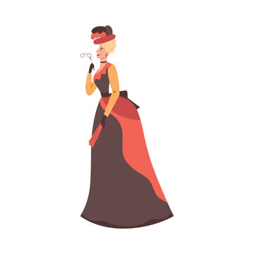 Elegant woman in Victorian era dress and hat, flat vector illustration isolated on white background.
