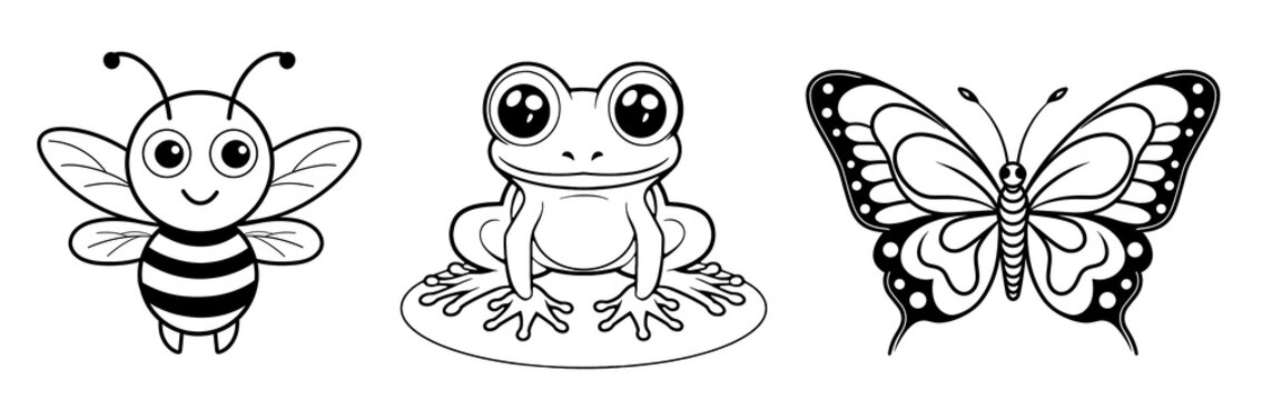Small creatures - cute Bee, Frog and Butterfly, simple thick lines kids or children cartoon coloring book pages. Clean drawing can be vectorized to illustration. Generative AI