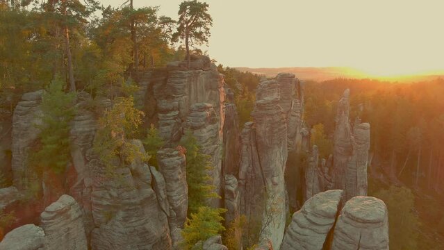 The Prachov Rocks aerial sunset view, Bohemian Paradise UNESCO geopark, Czechia