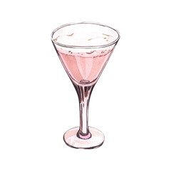 Watercolor pink cocktail rose in glass. Hand-drawn illustration isolated on white background. Perfect for recipe lists with drinks, brochures for cafe, bar