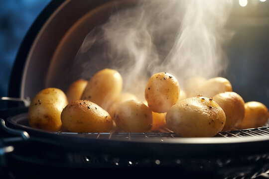 Cooking grilled potatoes at home in air fryer. Close-up photography healthy food. Generative AI
