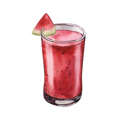 Watercolor fruit smoothie cocktail of watermelon smoothie and slice melon. Hand-drawn illustration isolated on white background. Perfect for recipe lists with drinks, brochures for cafe, bar