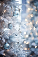 Close-up photography of Christmas tree with balls, winter celebration background in white and blue tones. Generative AI - obrazy, fototapety, plakaty