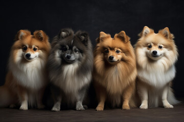 Four Pomeranians of different colors sit side by side on a dark background, AI Generated