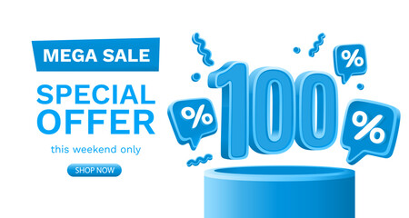 Obraz premium Mega sale special offer, 100 off sale banner. Sign board promotion. Vector illustration