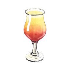 Watercolor summer Sex on the beach cocktail. It is made from vodka, liqueur, orange and cranberry juice.Hand-drawn illustration isolated on white background.Perfect for recipe alcoholic drinks lists