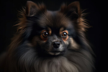 Close-up portrait of a Pomeranian on a black background, AI Generated