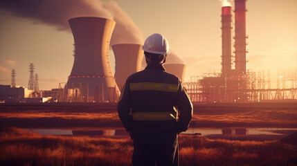 Engineer standing in front of nuclear power plant in the evening. Generative AI.