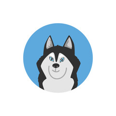 Cartoon husky dog with blue eyes, head in round blue frame, Vector isolated illustration black and white dog front view