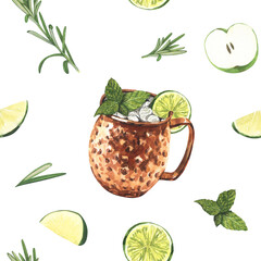 Watercolor seamless pattern moscow mule cocktail in mug with lime and mint leaves. Hand-drawn illustration isolated on white background. Concept for fabric print, label, banner, menu, flyer, template