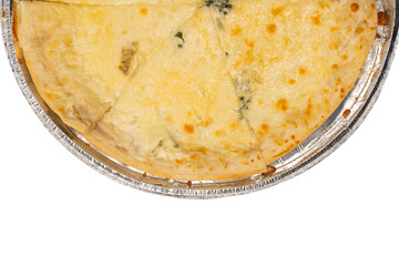 Four cheese pizza isolated on white background.