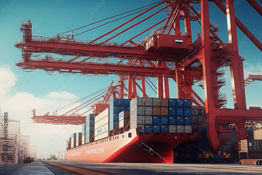 Poster container ship at the berth in cargo terminal of the port under loading or unloading. port cranes lo