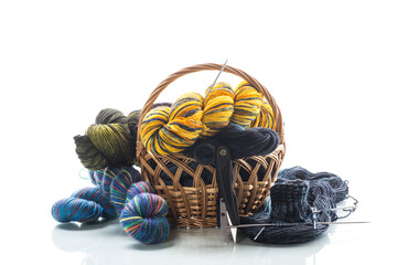 Colored threads, knitting needles and other items for hand knitting