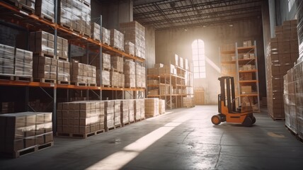 Large industrial warehouse. Tall racks filled with boxes and containers. Boxes on pallets. Forklift in the aisle. Daylight fills the room through the windows. Global logistic concept. 3D illustration.