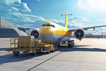 Loading a cargo plane at the airport. A cargo trolley delivering cargo to the jet on the airfield. International freight transport, airmail and logistics concept. 3D illustration.