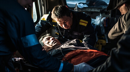 An ambulance crew administering medical aid to a patient in an emergency situation Generative AI