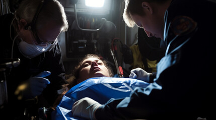 A team of emergency medical technicians providing care at a mass casualty incident Generative AI