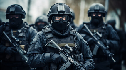 Fototapeta na wymiar A SWAT team in tactical gear preparing for a high-risk operation Generative AI