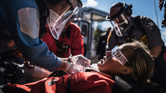 A team of emergency medical technicians providing care at a mass casualty incident Generative AI