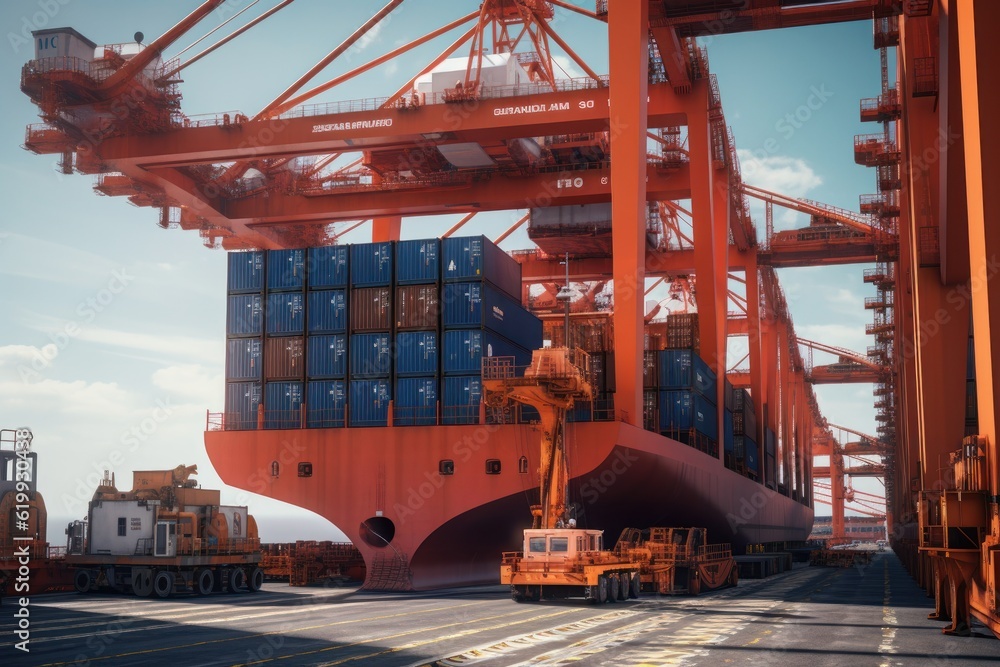 Poster view from the ground to a huge port crane loading container ship. tractors and loading platforms inv