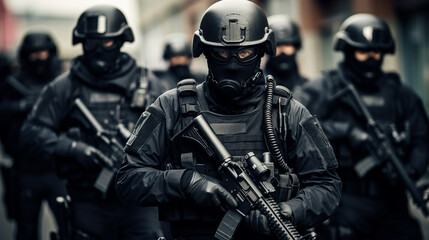 Obraz premium A SWAT team in tactical gear preparing for a high-risk operation Generative AI