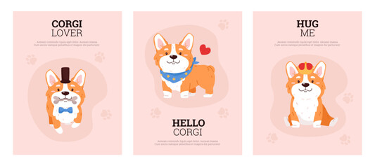 Set of posters or vertical banners with cute corgi dogs flat style