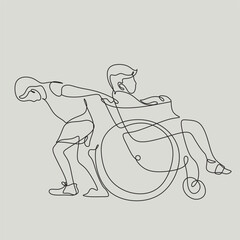 Line art small boy helps a boy in a wheelchair. disabled child line