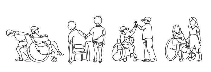 Fototapeta na wymiar Friendship with kid in a wheelchair line art vector. Disabled children