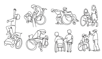 One single line drawing disabled child in a wheelchair. Trendy teamwork concept continuous line draw design vector illustration