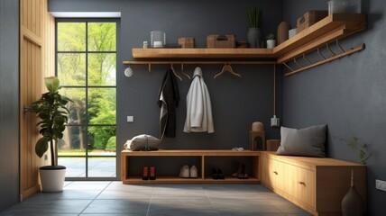 Stylish interior of a hallway in a country house. Gray walls, glazed door, wall hangers, shoe cabinets, plant in a floor pot, home decor. Modern cozy interior. Mockup, 3D rendering.