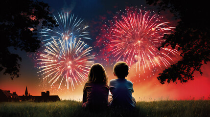 Fototapeta na wymiar Kids Children watching Fireworks during New Year's Day, Memorial Day, Independence Day, Celebrate, 4th of July