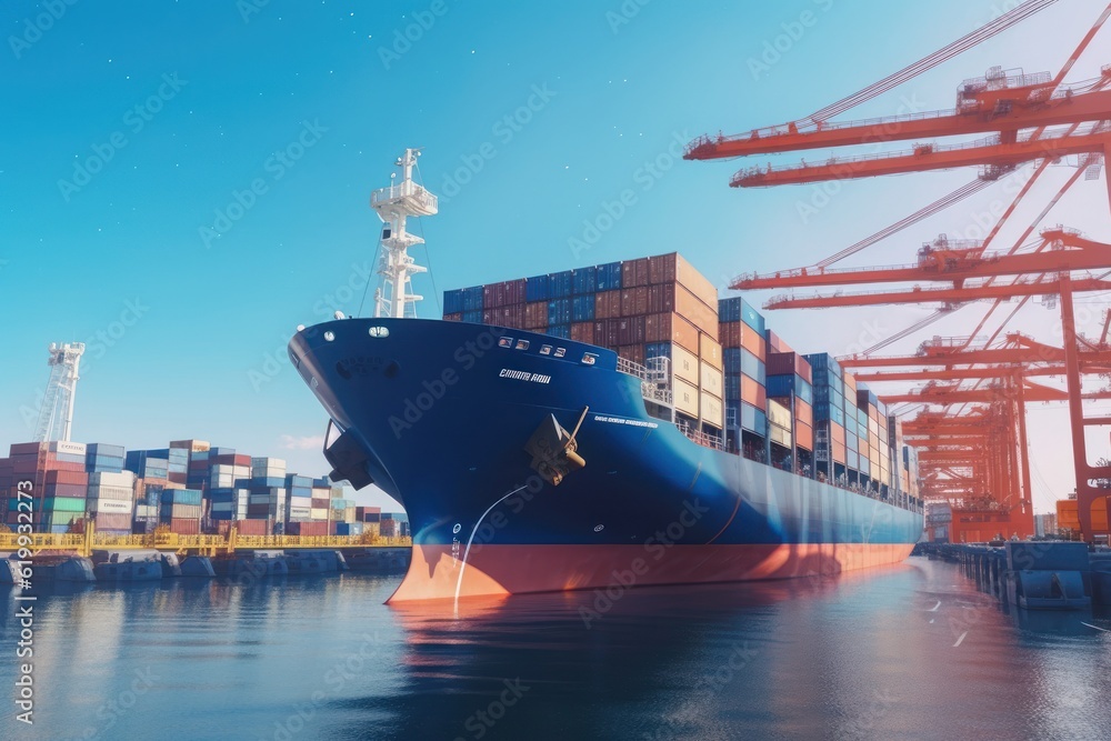 Poster container ship at the berth in cargo terminal of the port under loading. port cranes load containers