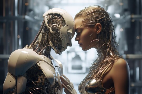 Romantic Couple Robot And Man. Love Machine And Man. Generative AI