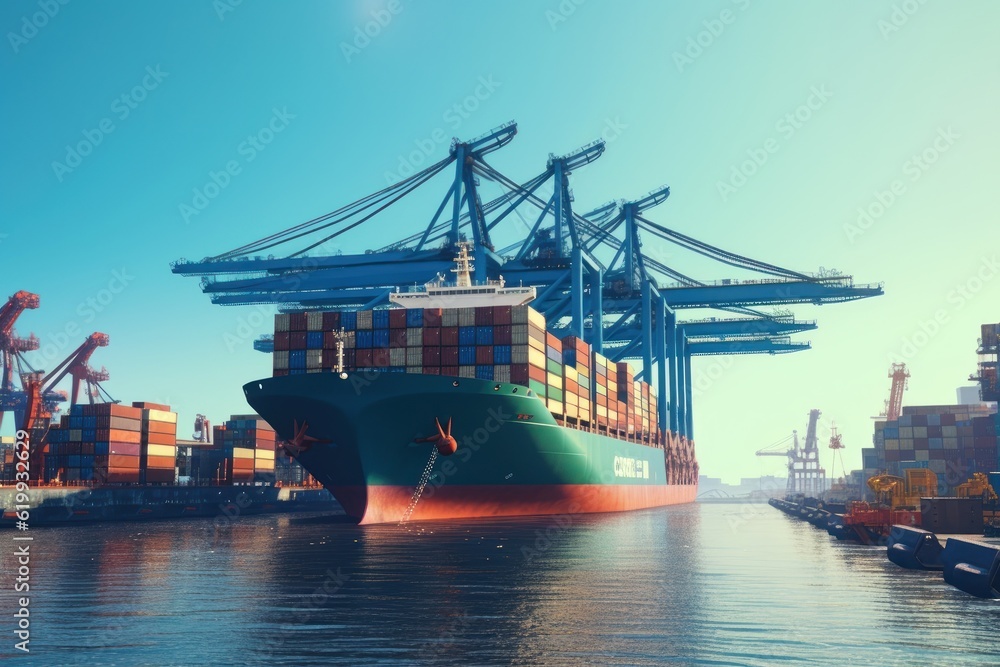 Poster container ship at the berth in cargo terminal of the port under loading or unloading. port cranes lo