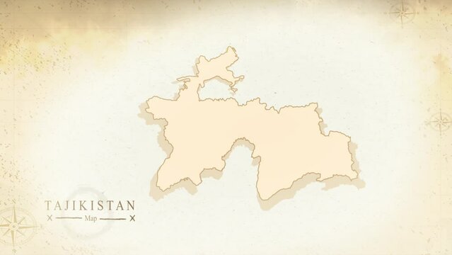Map of Tajikistan in the old style, brown graphics in retro fantasy style, perfect for intro or video presentation. High quality 4K video.