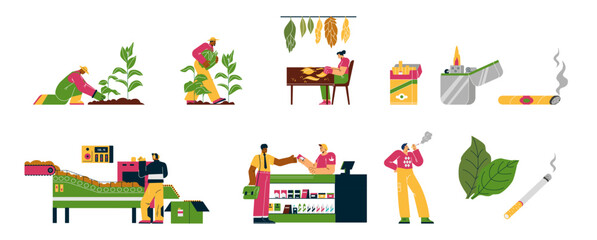 Set of people working at tobacco industry flat style, vector illustration