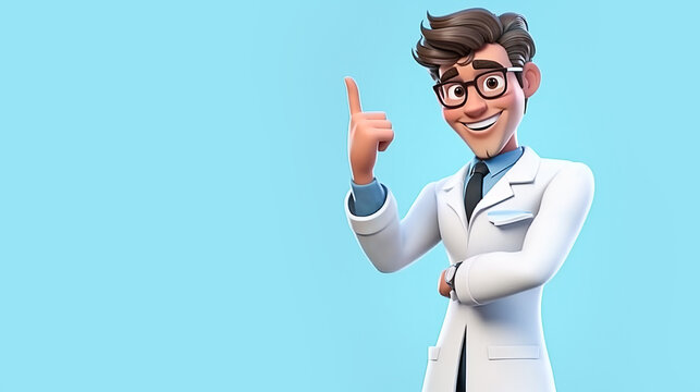 Cartoon character man physician doctor pointing with his hand. Light blue background. Medicine healthcare medical education concept