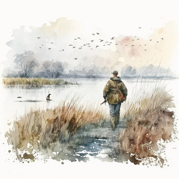Duck Hunting Watercolor Artwork - Generative AI
